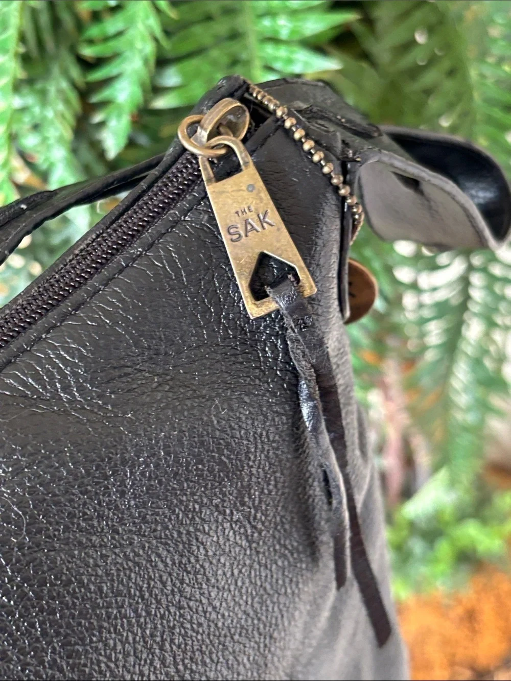 Vintage THE SAK Genuine Leather Black Zippered Hobo Shoulder Bag Studded Braided